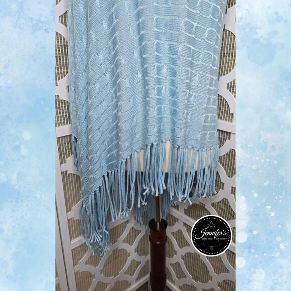 Chico's Light Blue Colleen Cable Knit Asymmetrical Fringe Poncho One Size - Picture 6 of 11